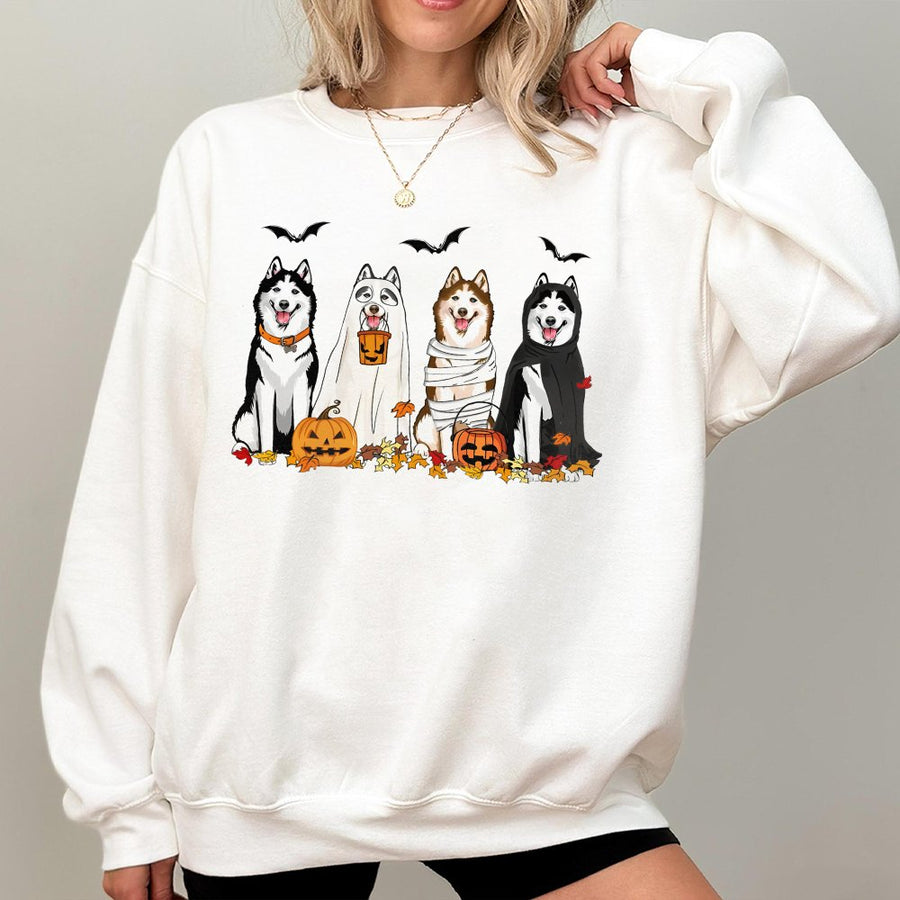 Husky Halloween Sweatshirt | Cute Ghost Dog Graphic Print | Premium Cotton Blend Unisex Crewneck | Funny Pet Lover Gift