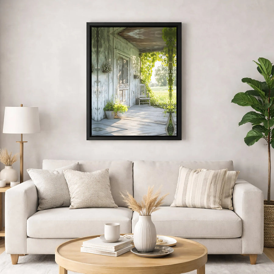 Rustic Farmhouse Porch Wall Art | Sunlit Countryside Cottage View with Rocking Chair | Gallery-Quality 1.25" Canvas | Home Decor for Farmhouse Living