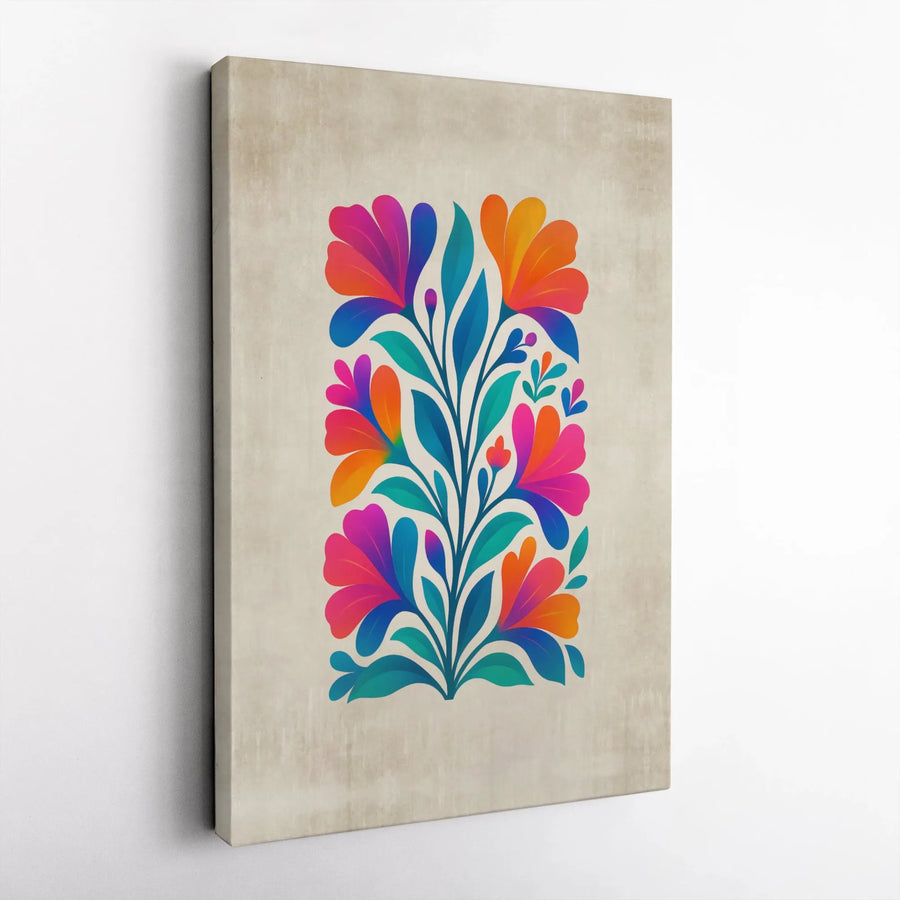 Vibrant Folk Art Floral Canvas Print | Abstract Botanical Wall Decor | Gallery Quality 1.25 inch Stretched Canvas | Modern Colorful Art for Living Room