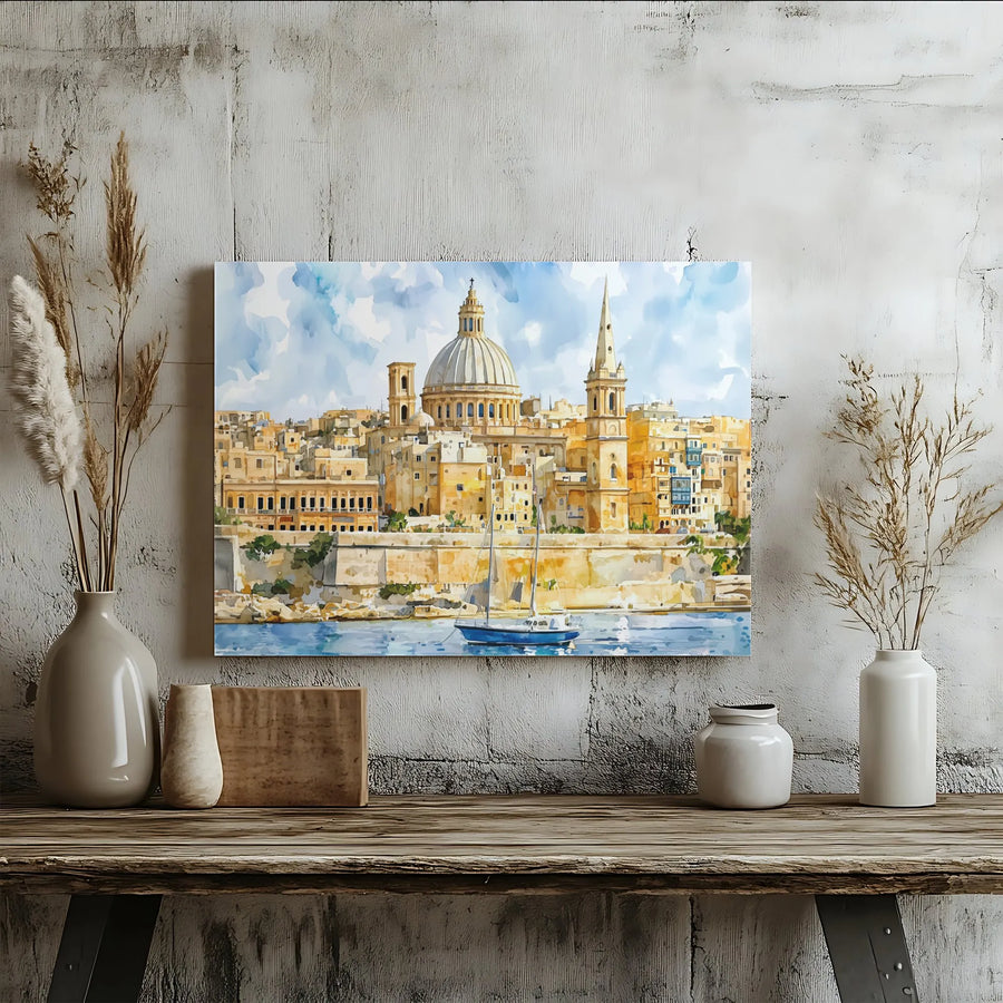 Valletta Malta Cityscape Canvas Art | Watercolor Mediterranean Harbour Scene | 1.25” Gallery Wrap Frame | Premium Travel Wall Decor Gift
