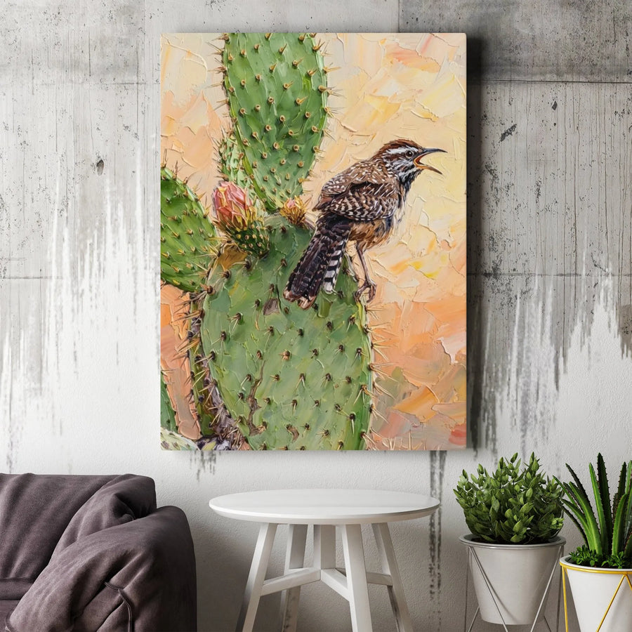 Cactus Wren Canvas Wall Art | Textured Bird Painting Style Print | Thick Gallery Wrap Canvas | Southwestern Desert Decor Gift for Nature Lover
