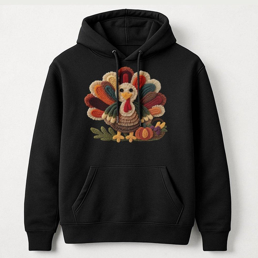 Thanksgiving Turkey Hoodie | Textured Yarn Art Style Graphic | Premium Cotton Blend Pullover | Festive Fall Apparel Gift for Women & Men