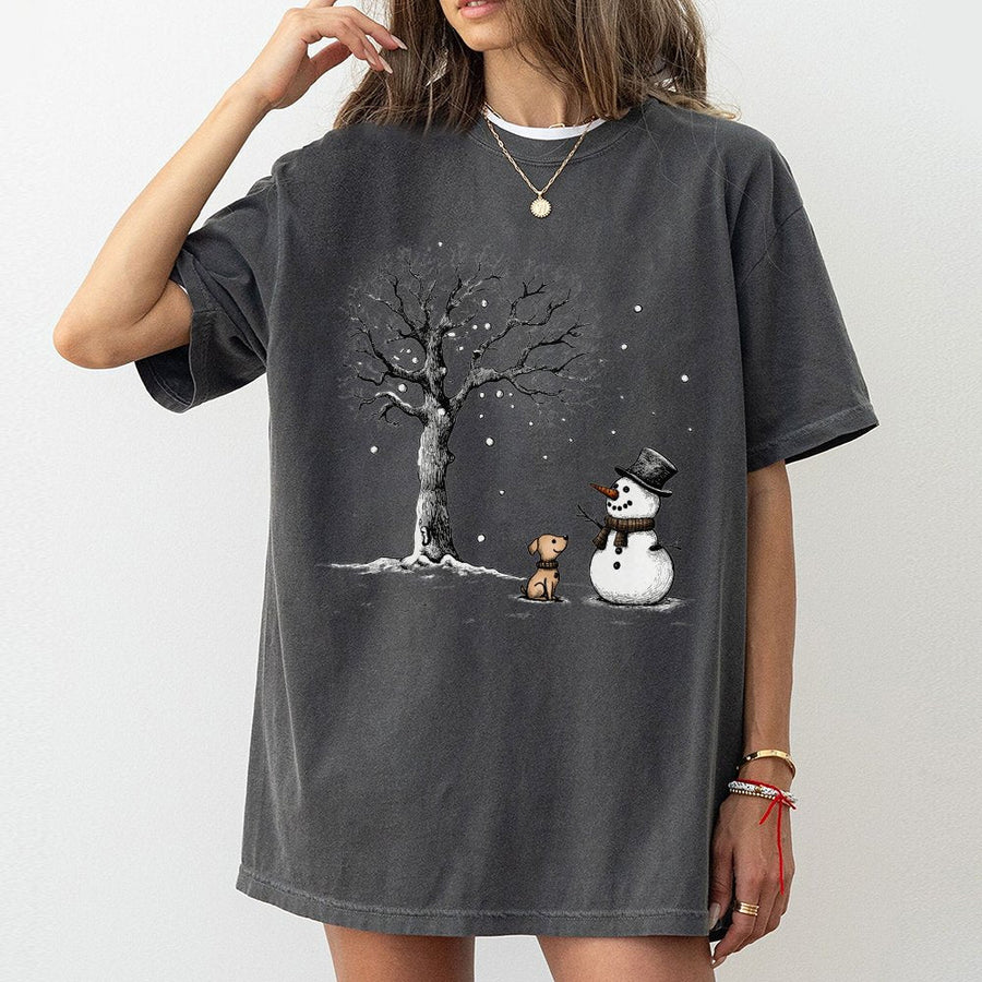 Snowman and Puppy T-Shirt | Cute Winter Dog Graphic | Soft 100% Cotton Premium Tee | Holiday Gift for Dog Lovers