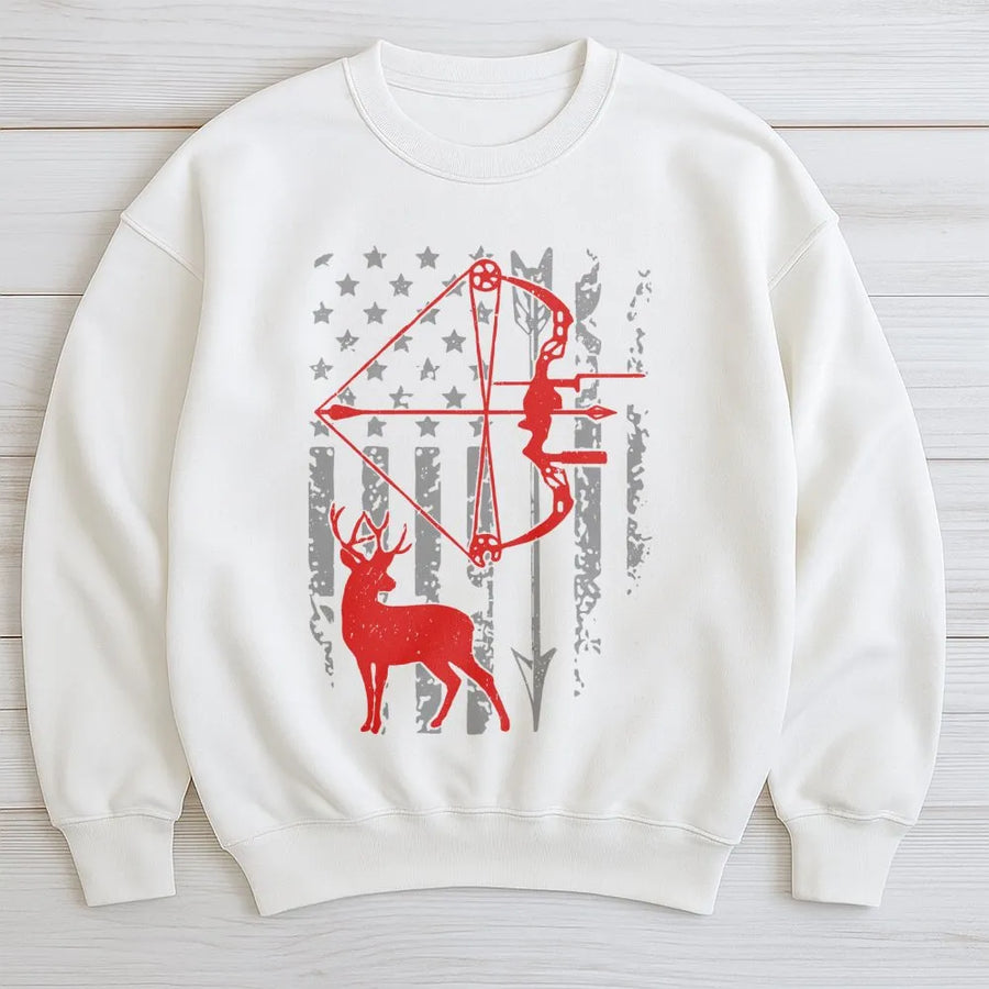 Deer Hunting Sweatshirt | American Flag Bow Hunter Graphic | Premium Cotton Blend | Patriotic Gift for Hunters and Outdoorsmen