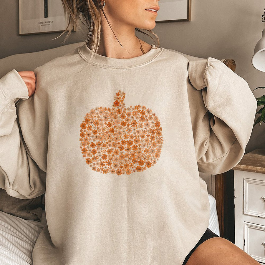 Boho Floral Pumpkin Sweatshirt | Autumn Botanical Aesthetic Graphic | Soft Cotton-Blend Premium Crewneck | Trendy Fall Thanksgiving Gift for Women
