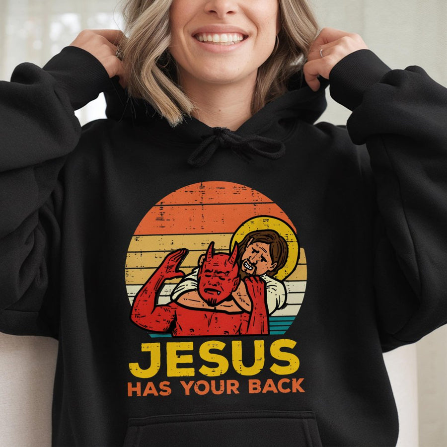 Jesus Has Your Back Hoodie | Funny Jiu Jitsu Retro Graphic | Premium Cotton Blend | Christian Faith Gift for Him or Her