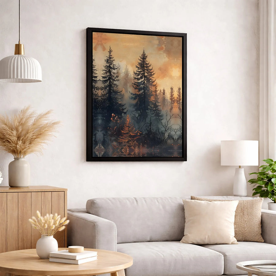 Misty Pine Forest Wall Art | Moody Sunset Landscape Canvas Print | Premium Gallery-Wrapped Decor | Nature Lover Living Room Gift