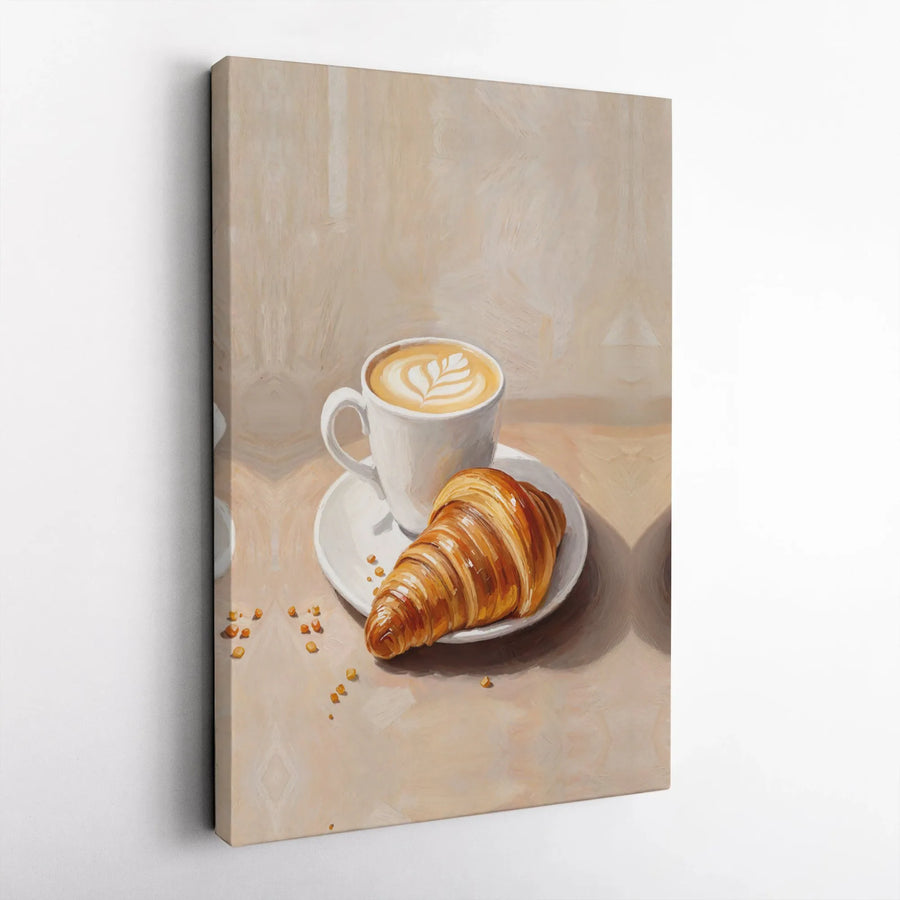 Coffee and Croissant Canvas Print | Impressionist Latte Art Wall Decor | 1.25-inch Premium Gallery Wrap | Kitchen and Cafe Aesthetic Gift