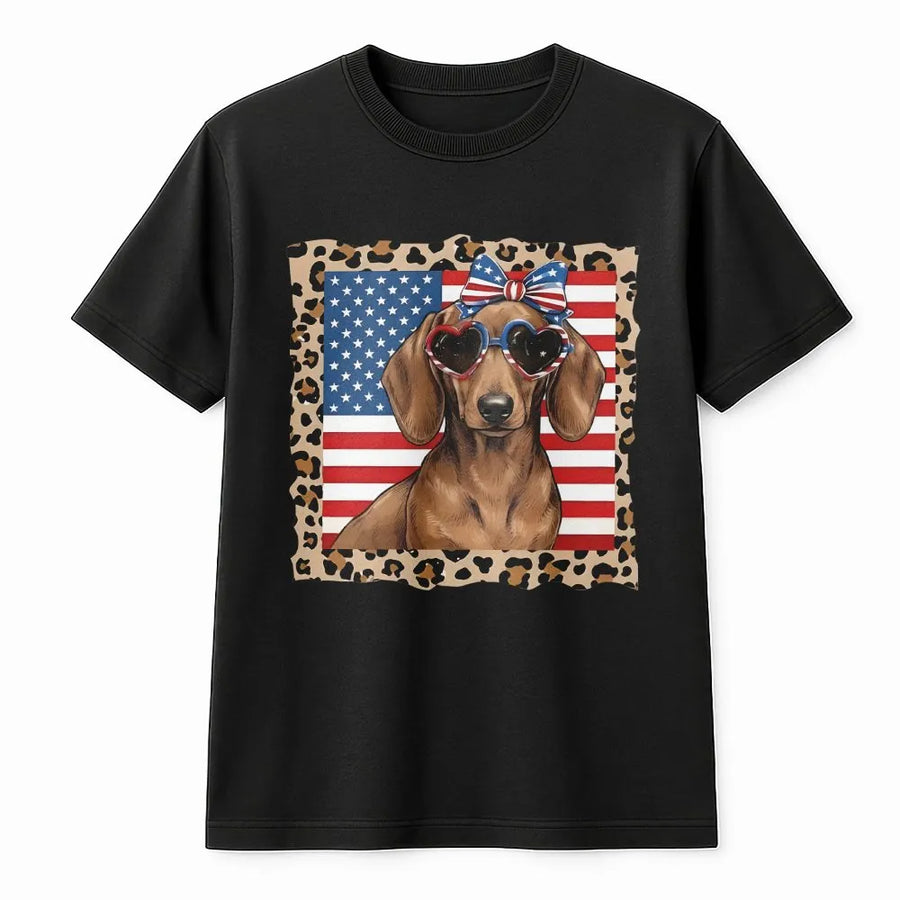 Patriotic Dachshund T-Shirt | American Flag Dog with Sunglasses | Premium Cotton Crewneck | 4th of July Gift for Dog Lover