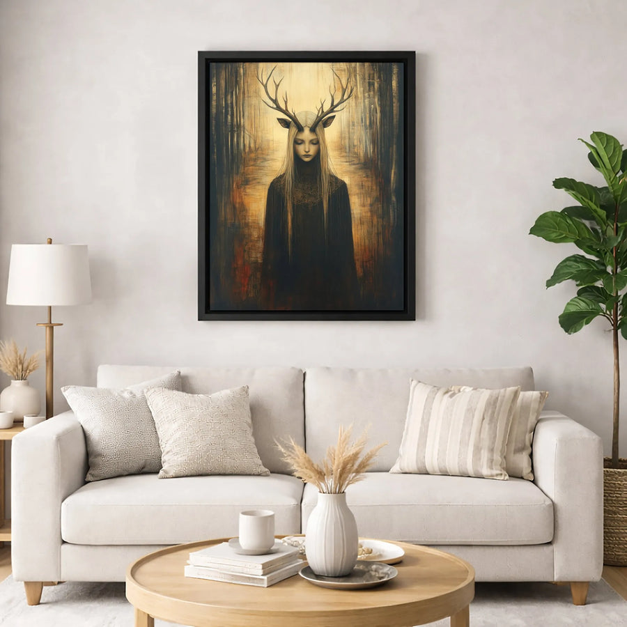 Mystical Deer Antler Woman Canvas | Dark Fantasy Forest Wall Art | Premium Gallery-Wrapped Print | Gothic Home Decor Gift