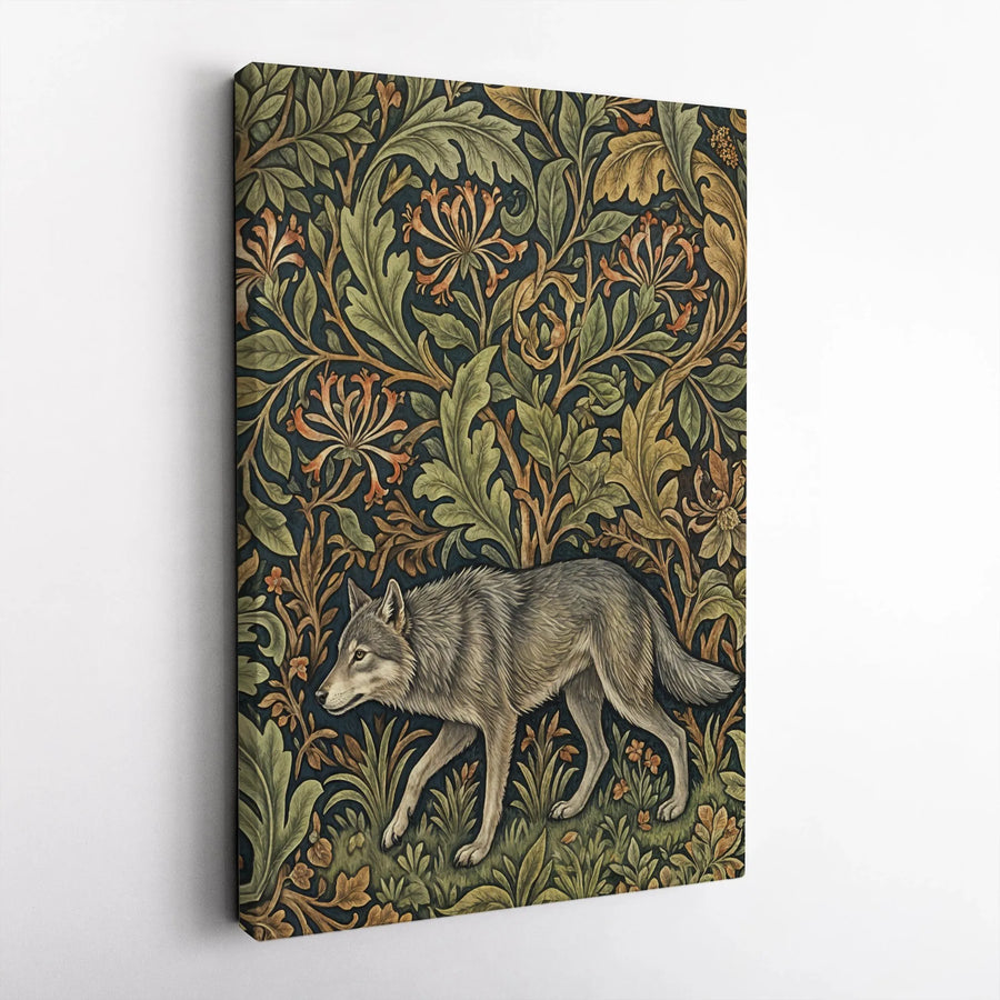 William Morris Style Wolf Canvas Wall Art | Botanical Forest Illustration | Premium Gallery Wrapped Print | Dark Academia Home Decor