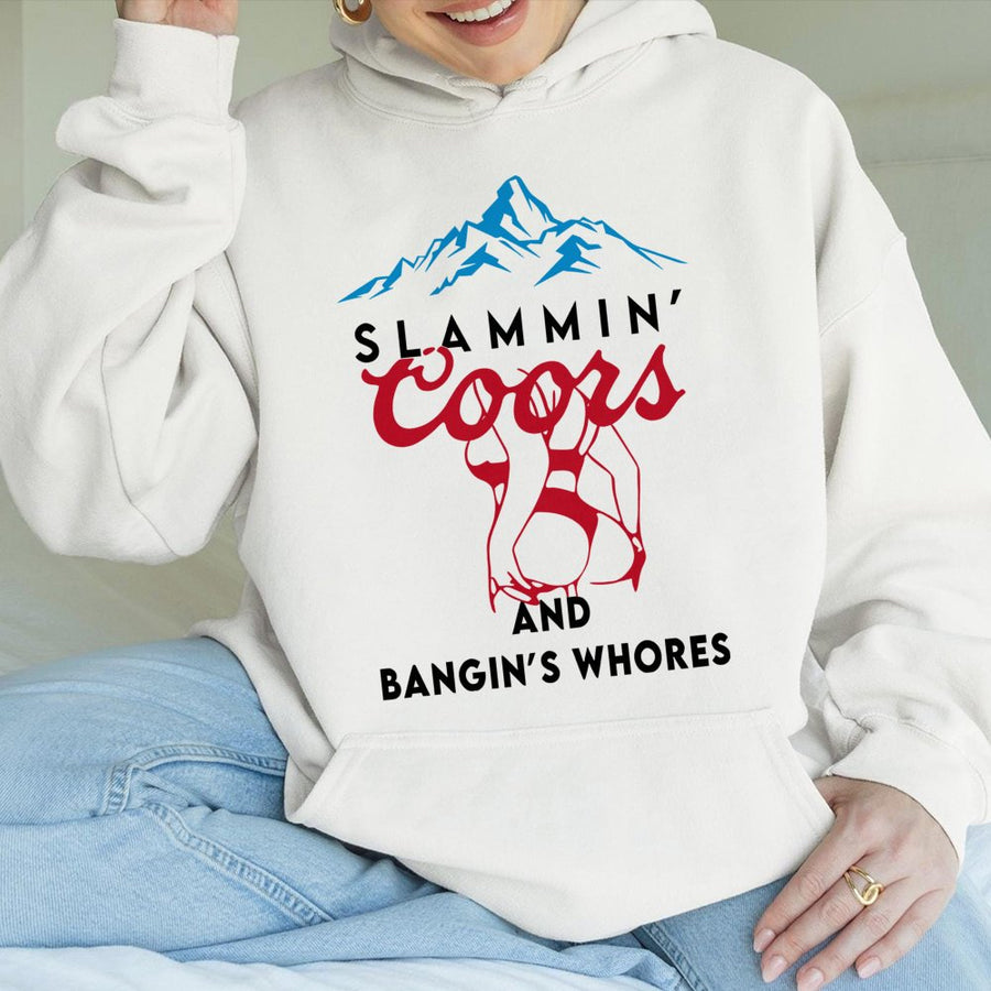 Party Hard With Our Slammin' Coors And Bangin'S Whores Hoodie! Unisex Graphic Hoodie Soft, Perfect For Lake Days, Rodeos