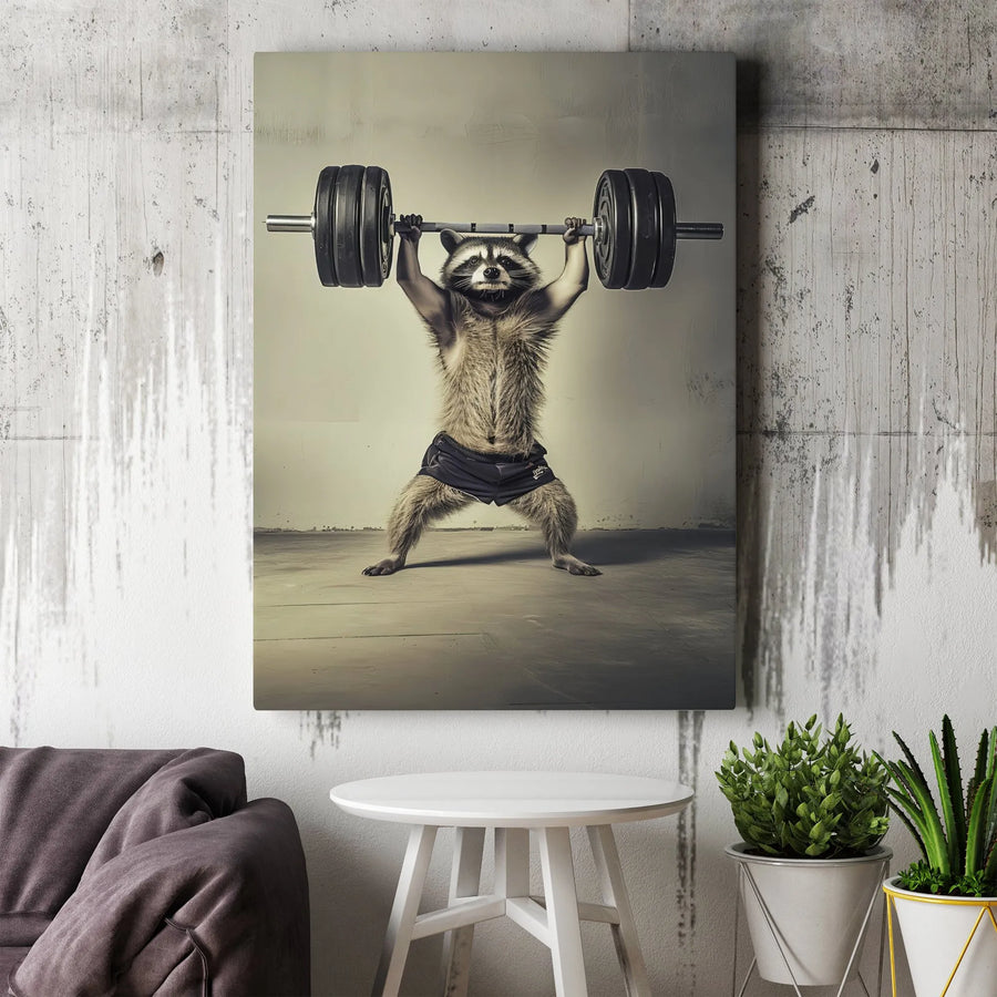 Weightlifting Raccoon Canvas Wall Art | Funny Gym Motivation Decor | Premium Gallery Wrap Print | Gift for Powerlifter or Bodybuilder