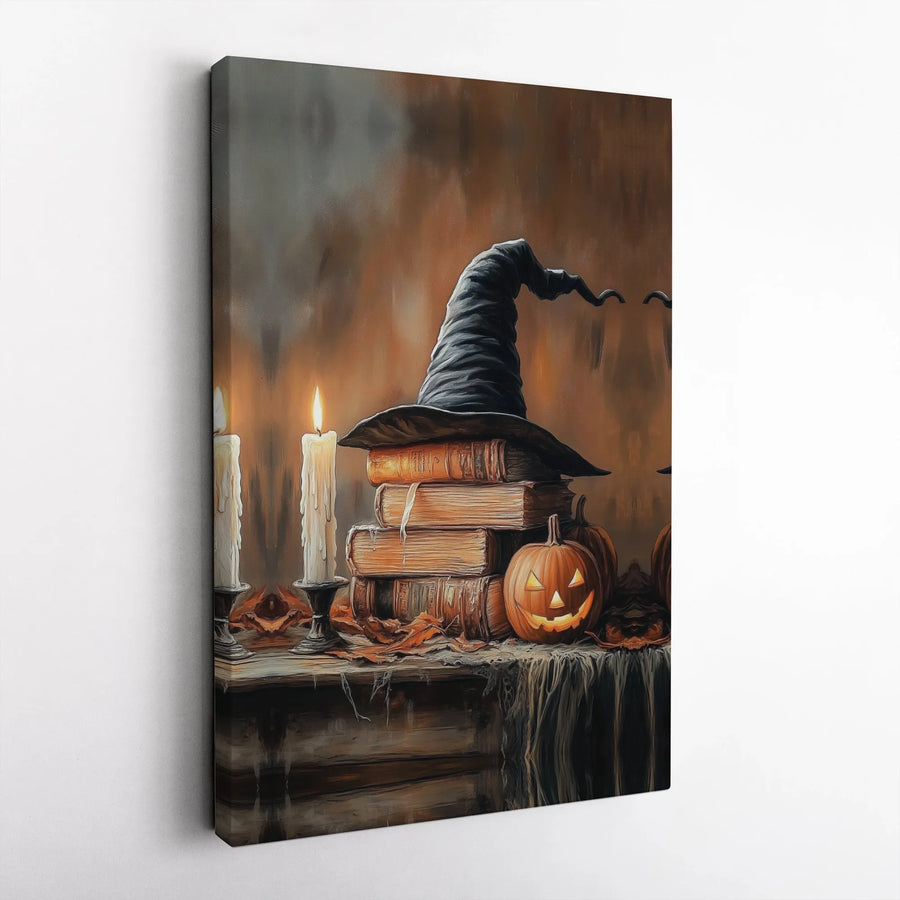 Spooky Witch Hat Canvas Art | Vintage Halloween Book Stack Print | Premium Gallery Wrapped Wall Decor | Whimsical Fall Seasonal Gift for Book Lovers
