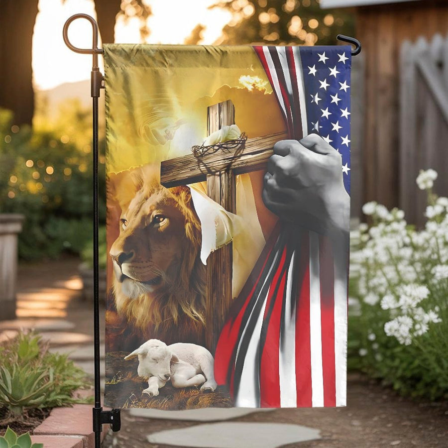 Lion and Lamb Garden Flag | Patriotic American Flag Religious Art | Premium Weather-Resistant Polyester | Faithful Christian Yard Decor Gift