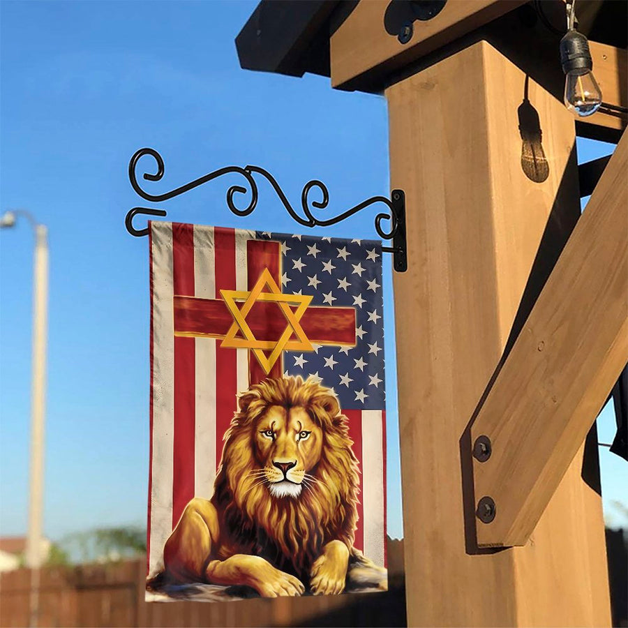 Lion of Judah American Garden Flag | Religious Cross & Star of David Patriotic Decor | Durable Weather-Resistant Polyester | Faith-Based Outdoor Yard Sign Gift