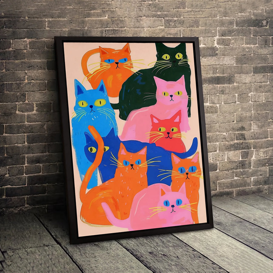 Colorful Cat Wall Art Canvas | Abstract Whimsical Cats Painting | Premium 1.25 Inch Gallery Wrap | Unique Cat Lover Gift Home Decor