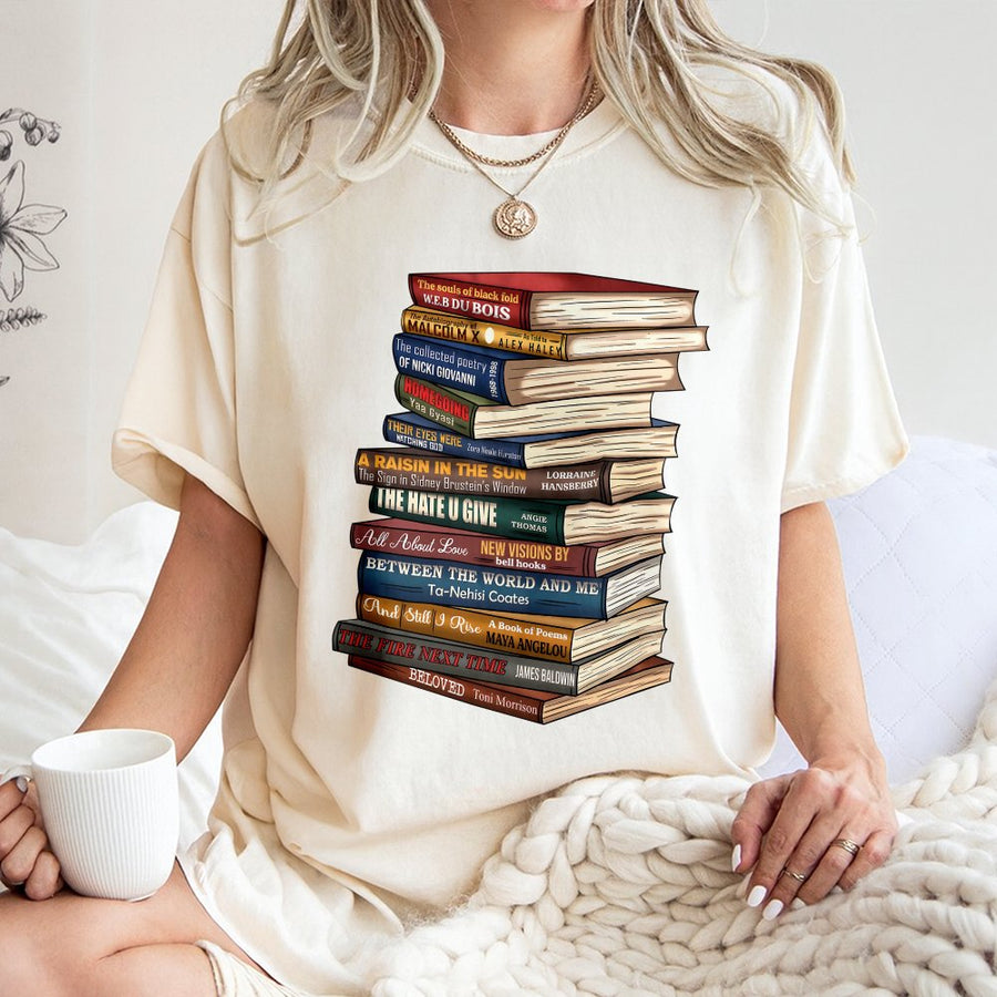 Black History Month Book Stack T-Shirt | Iconic African American Literature Authors | 100% Cotton Premium Tee | Gift for Teachers and Readers