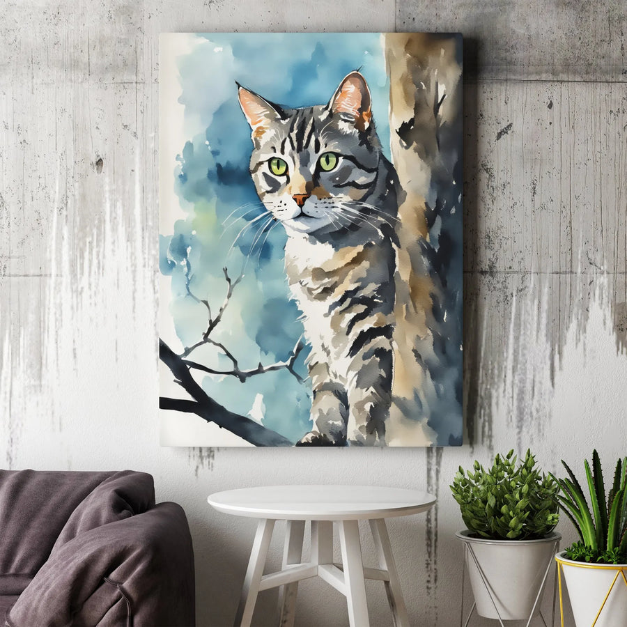 Tabby Cat Canvas Wall Art | Watercolor Green-Eyed Kitty in Tree | Premium Gallery Wrap Decor | Gift for Cat Lovers & Pet Owners