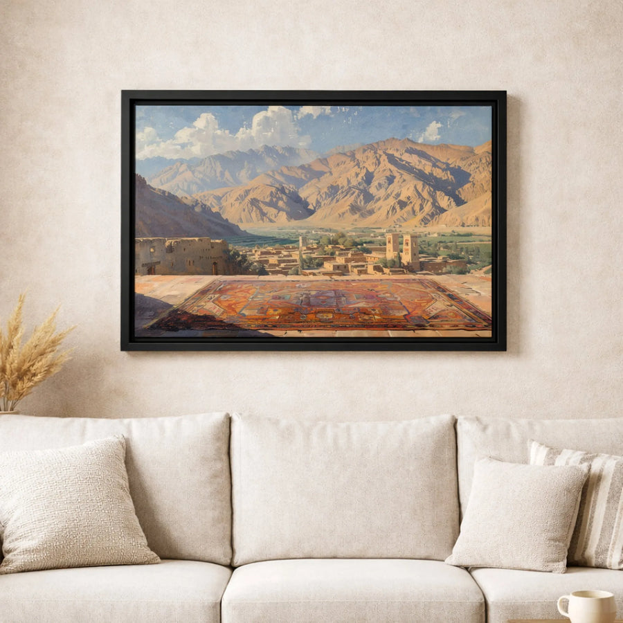 Persian Rug Art Canvas Print | Desert Mountain Village Landscape | 1.25-Inch Gallery Wrap | Bohemian Home Decor Wall Art