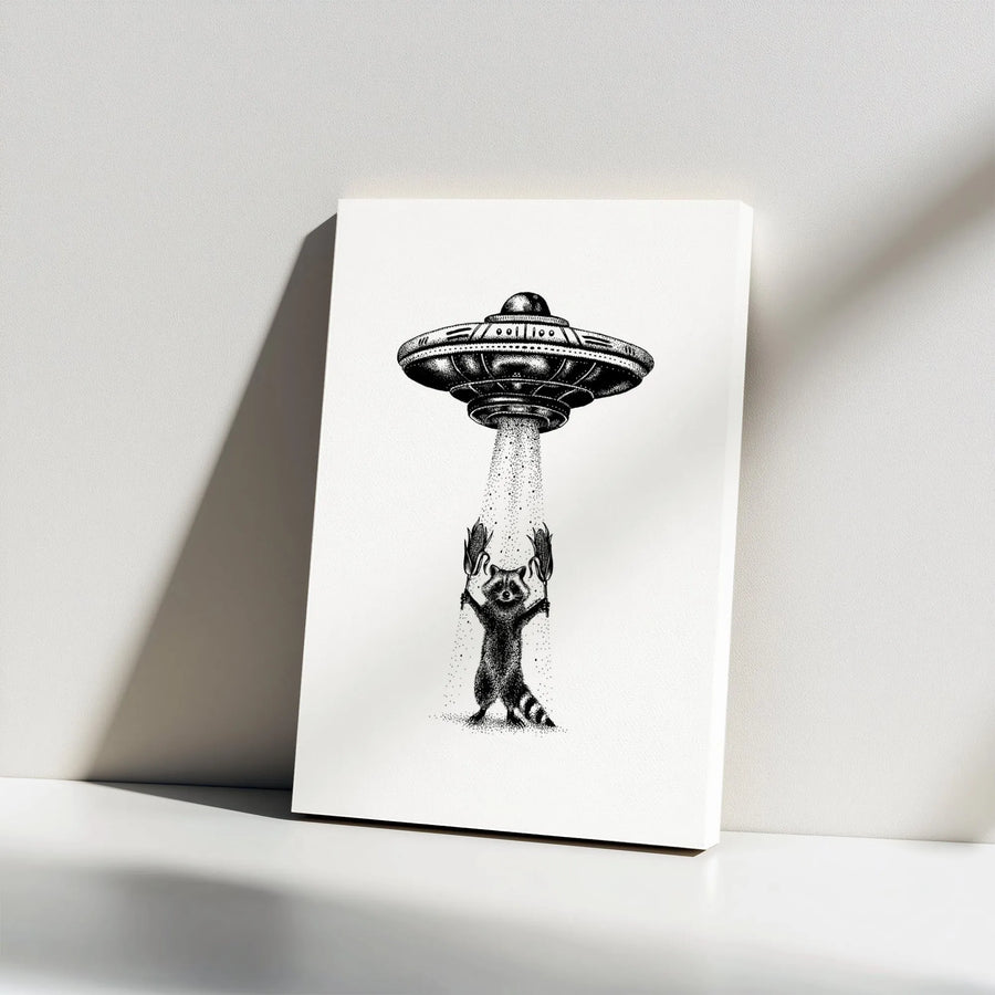 Raccoon UFO Canvas Print | Whimsical Alien Abduction Art | Gallery Wrapped Premium Wall Decor | Quirky Gift for Raccoon Lovers