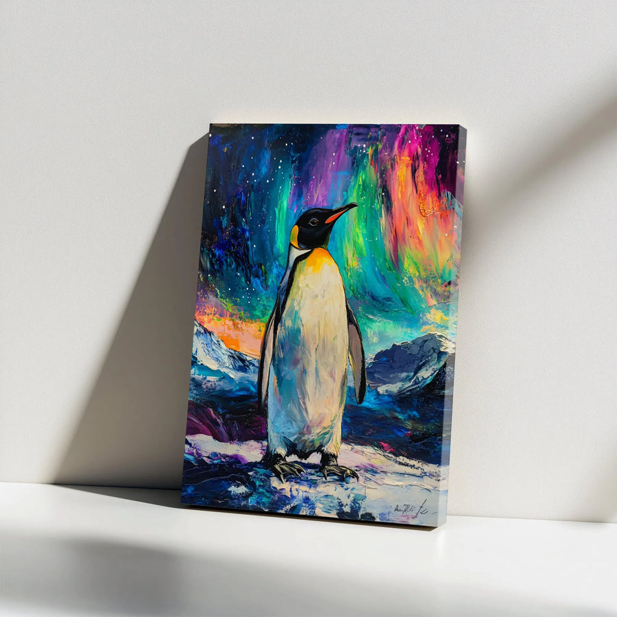 Emperor Penguin Wall Art | Aurora Borealis Northern Lights Canvas | Thick Gallery Wrap Print | Modern Nature Animal Decor Gift