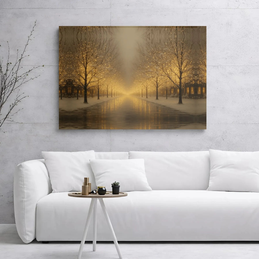 Winter Forest Canvas Print | Golden Fairy Light Trees Art | Gallery Wrapped Premium Decor | Cozy Holiday Home Wall Art