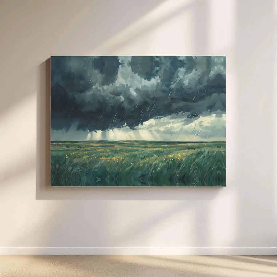 Stormy Landscape Canvas Wall Art | Dramatic Rain Clouds and Sun Rays | Premium Gallery Wrapped Decor | Modern Nature Print for Living Room