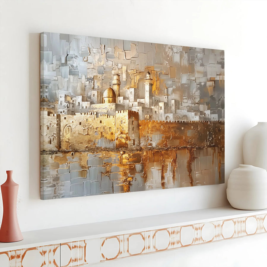 Jerusalem Old City Canvas Wall Art | Abstract Golden Dome Landscape | 1.25 Inch Gallery Wrap | Premium Home Decor Gift