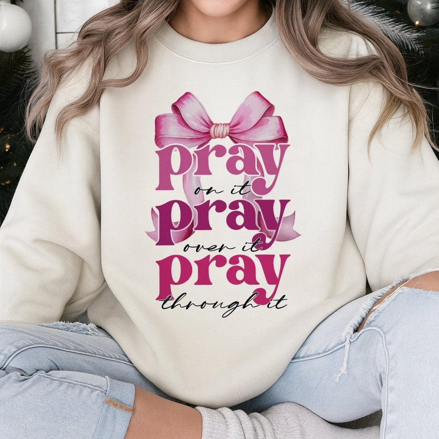Pray On It Sweatshirt | Pink Coquette Bow Christian Design | Premium Cotton Blend | Faith-Based Gift for Her Religious Apparel