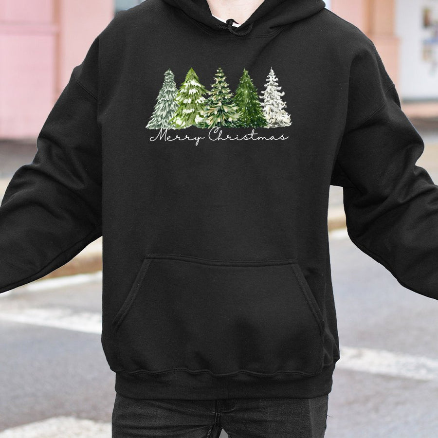 Merry Christmas Tree Hoodie | Watercolor Festive Holiday Graphic | Premium Cotton Blend Pullover | Cozy Xmas Gift For Women & Men