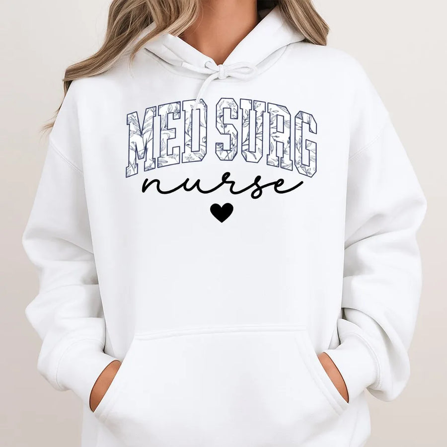 Med Surg Nurse Hoodie | Floral Collegiate Lettering Design | Soft Cotton-Polyester Blend | Premium Gift for Registered Nurse & Nursing Student