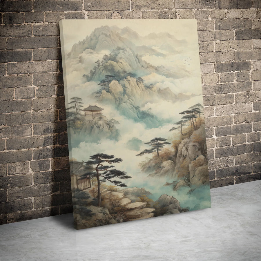 Chinese Mountain Landscape Canvas | Misty Fog Forest & Temple Art | Gallery Wrap 1.25" Premium Print | Zen Home Office Wall Decor Gift