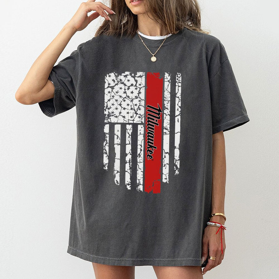 Milwaukee Flag T-Shirt | Patriotic USA Thin Red Line Graphic | Premium 100% Cotton Tee | Gift for Firefighters, Veterans, and Proud Americans