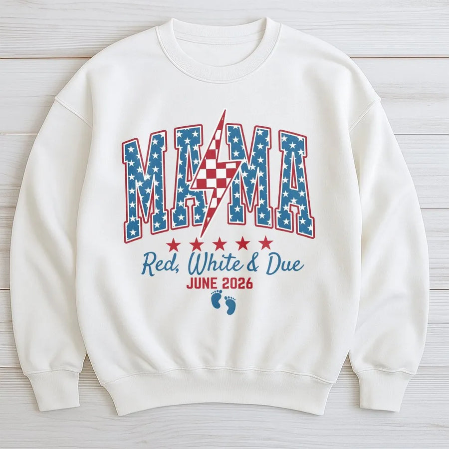 4th of July Pregnancy Announcement Sweatshirt | Red White and Due Mama Design | Cozy Fleece Crewneck | Gift for Expecting Mom