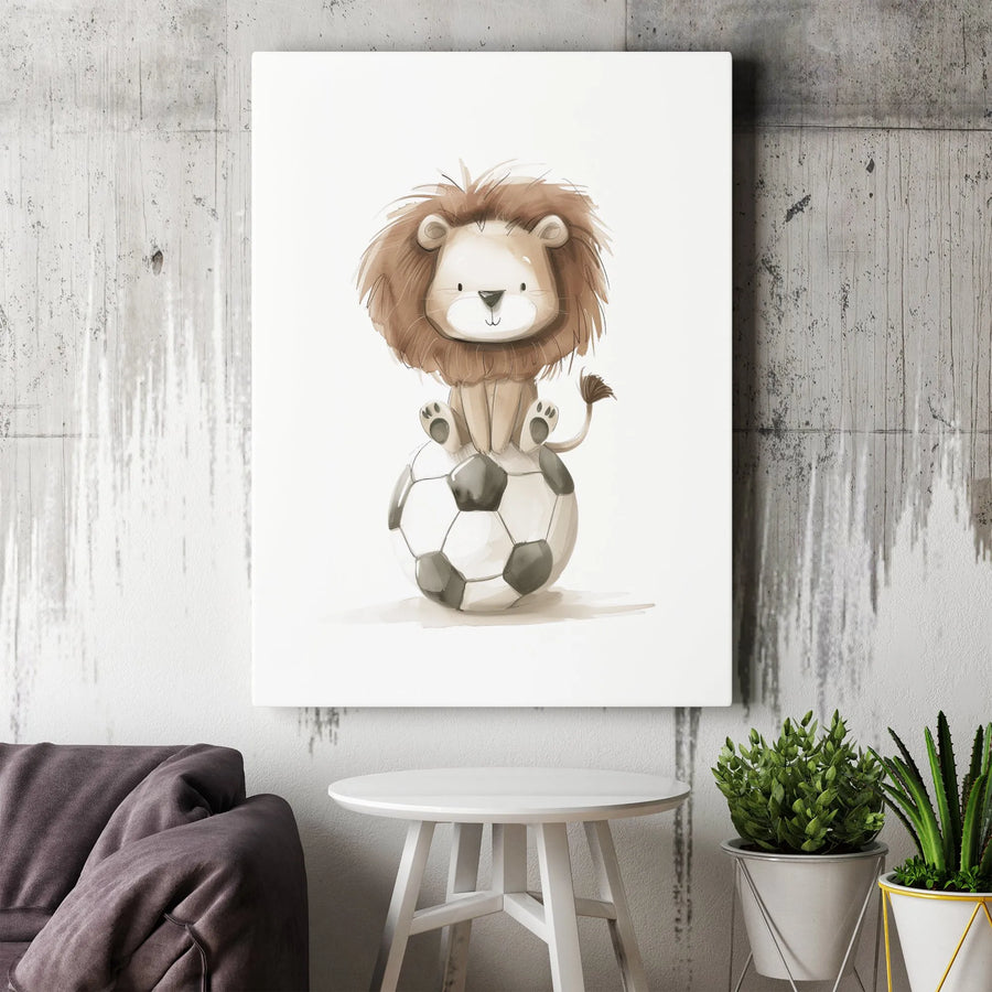 Baby Lion Soccer Ball Wall Art | Watercolor Nursery Safari Animal Print | Premium Gallery Wrapped Canvas | Gift for Boys Room Sports Decor