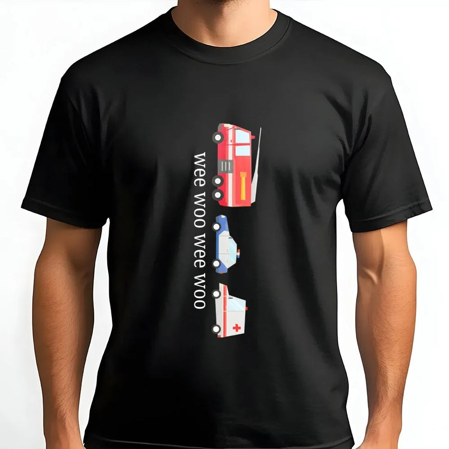 Emergency Vehicle T-Shirt | Wee Woo Sound Graphic Tee | Premium Cotton Soft Crewneck | Toddler Kids Boys Fire Truck Police Ambulance Gift