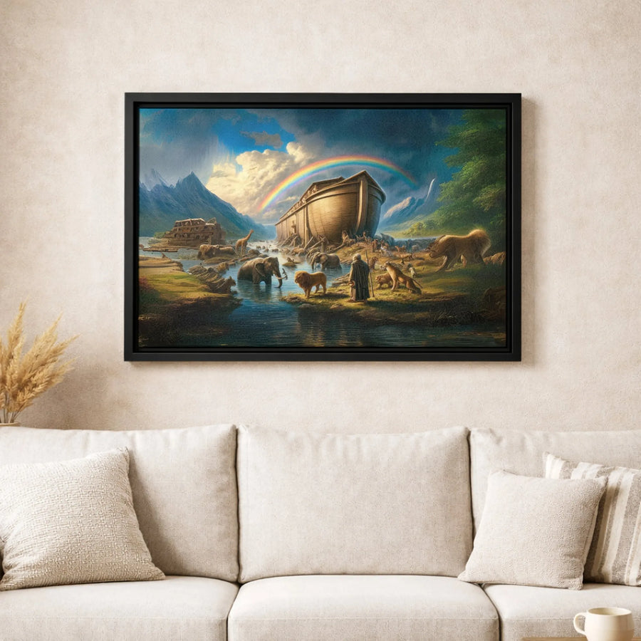 Noah's Ark Wall Art Canvas | Biblical Animals & Rainbow Landscape | Premium Gallery Wrap Print | Religious Home Decor & Nursery Gift