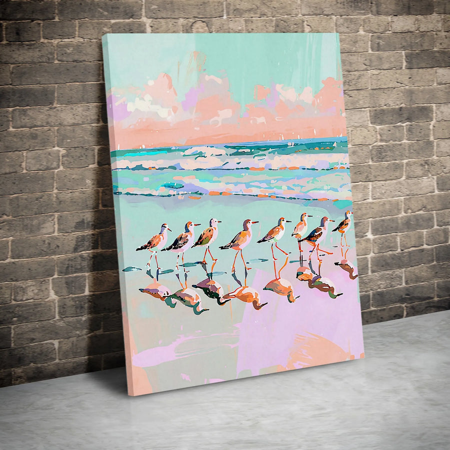 Coastal Sandpiper Wall Art | Pastel Beach Shoreline Painting | Premium Gallery-Wrapped Canvas | Modern Decor for Beach House or Living Room