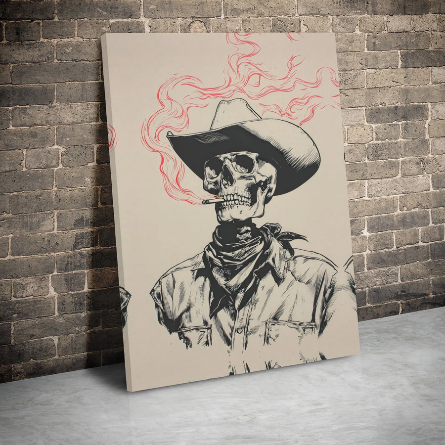 Smoking Cowboy Skull Canvas Wall Art | Western Gothic Sketch Print | Premium 1.25-Inch Gallery Wrap | Edgy Home Decor For Bar & Man Cave