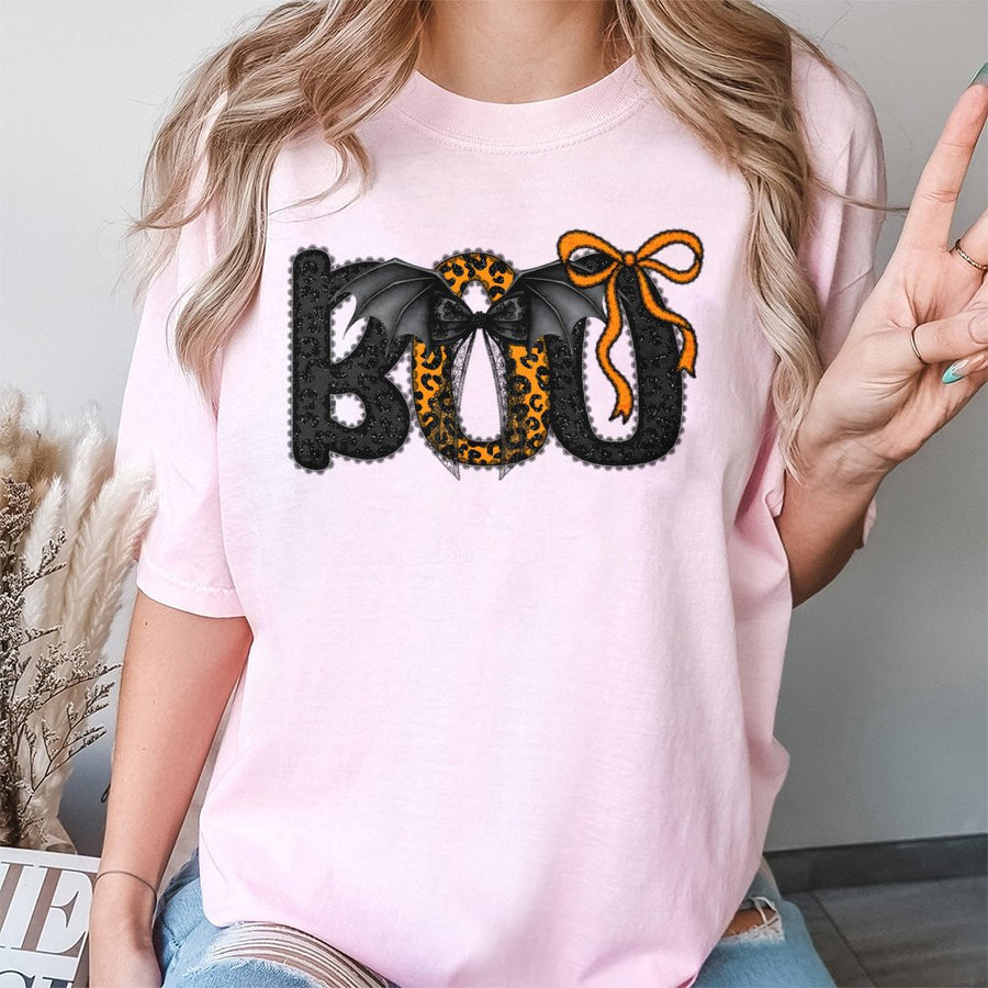 Boo Halloween T-Shirt | Coquette Aesthetic Leopard Print Bow | 100% Cotton Premium Tee | Spooky Season Gift For Women