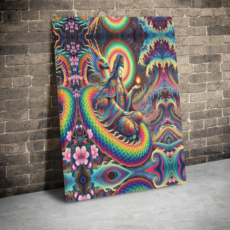 Psychedelic Dragon Wall Art | Meditating Guanyin Canvas Print | Premium Gallery Wrap Decor | Spiritual Zen Wall Decor for Living Room