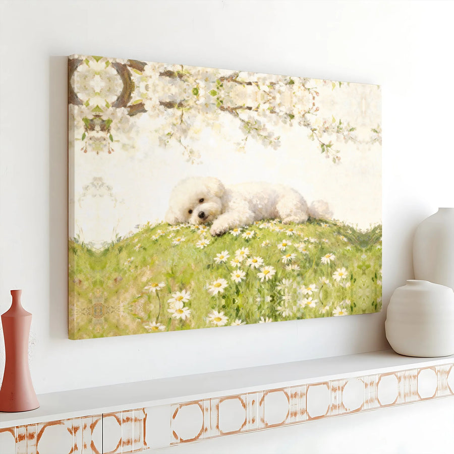 Bichon Frise Canvas Wall Art | Puppy in Daisy Meadow Painting | Premium Gallery Print | Gift for Dog Lover, Nursery Home Decor