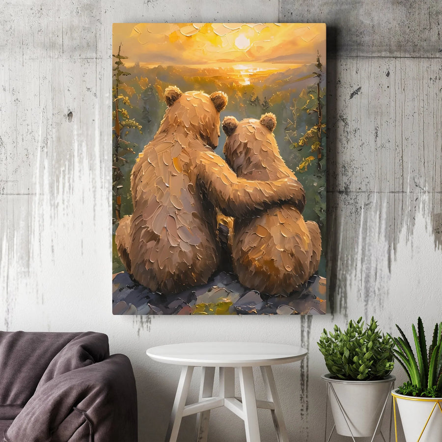 Hugging Bears Wall Art | Mother and Cub Sunset Impasto Canvas Print | Premium Gallery Wrap Decor | Wildlife Nursery Gift for Bear Lovers