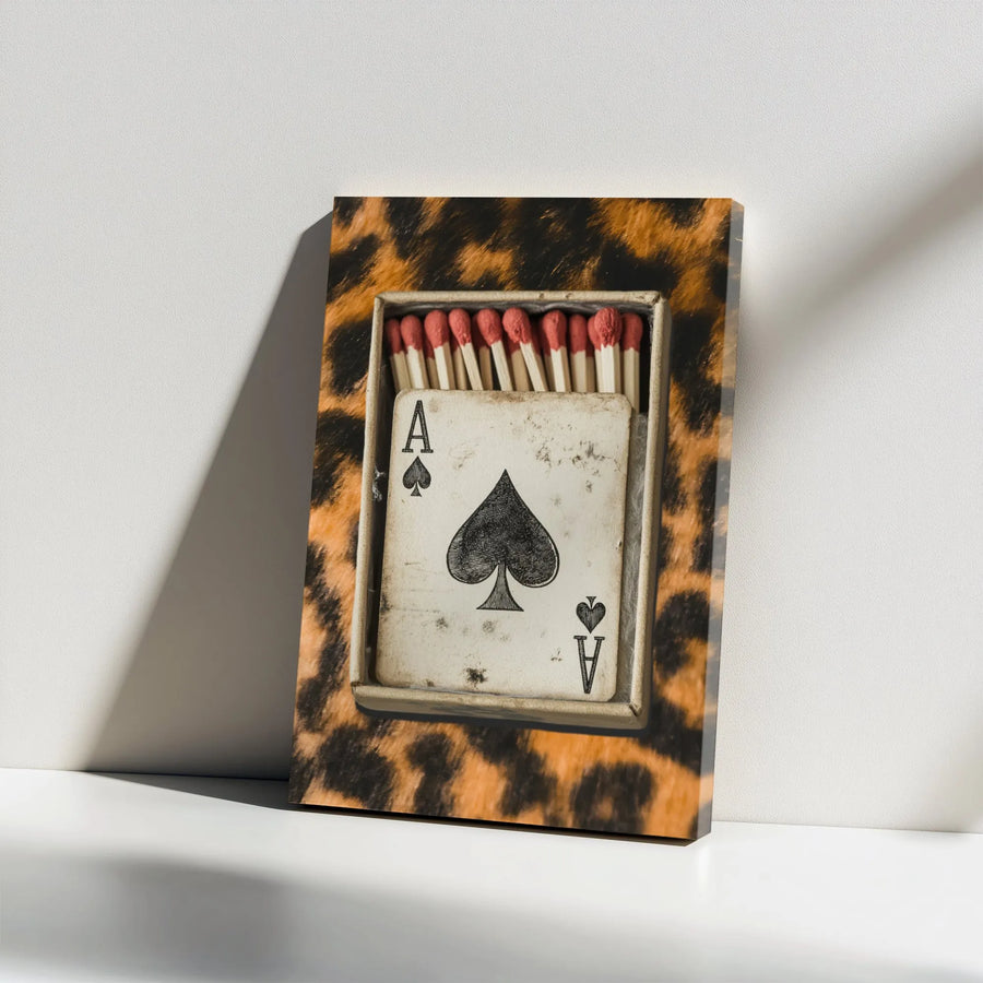 Ace of Spades Canvas Wall Art | Vintage Matchbox & Playing Card on Leopard Print | Premium 1.25" Thick Canvas | Modern Game Room & Man Cave Decor Gift