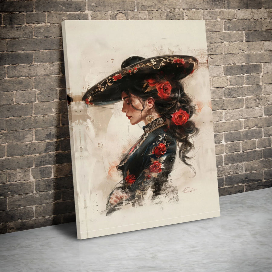 Mexican Charra Wall Art | Woman in Sombrero with Red Roses | Premium Gallery Canvas | Hispanic Heritage Home Decor Gift