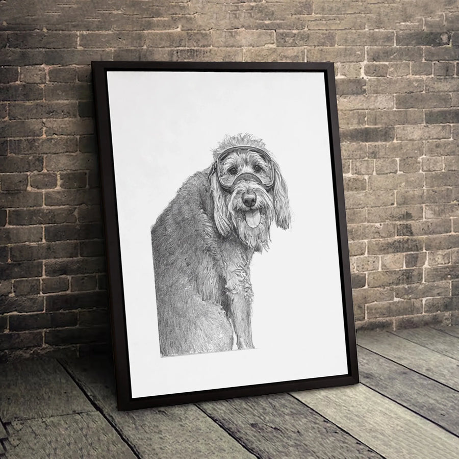 Dog Wearing Goggles Canvas Wall Art | Whimsical Pencil Sketch Illustration | Premium 1.25" Gallery Wrap | Unique Gift for Dog Lovers