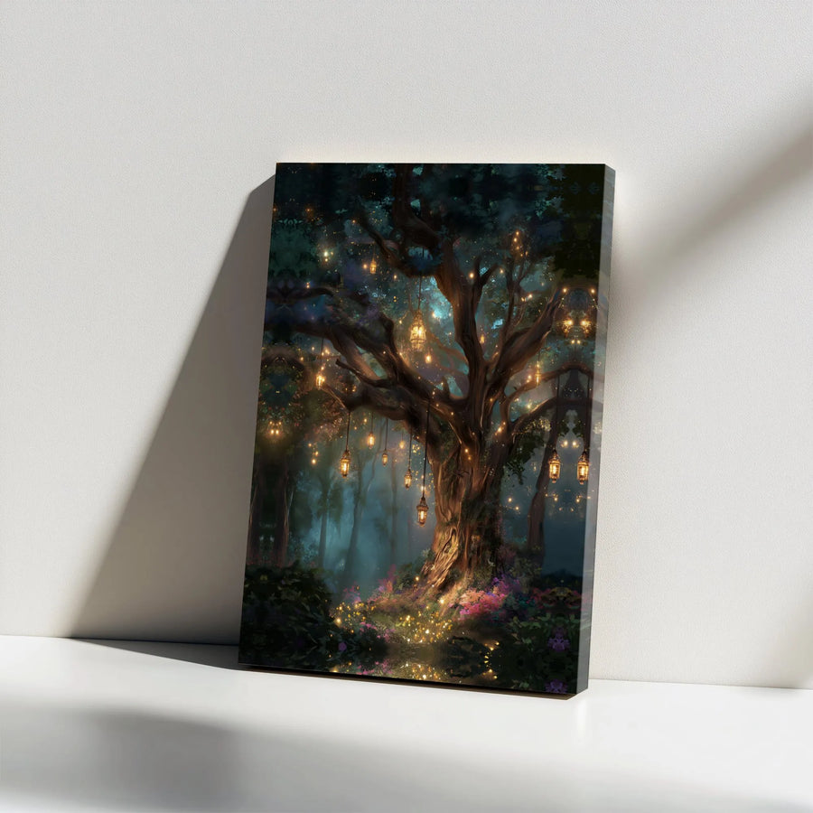 Enchanted Forest Canvas | Magic Tree with Glowing Lanterns | Premium Canvas Print | Fantasy Wall Decor Gift