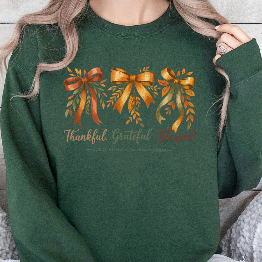 Thankful Grateful Blessed Sweatshirt | Christian Faith Fall Bow Aesthetic | Premium Cotton Blend | Gift for Women and Believers