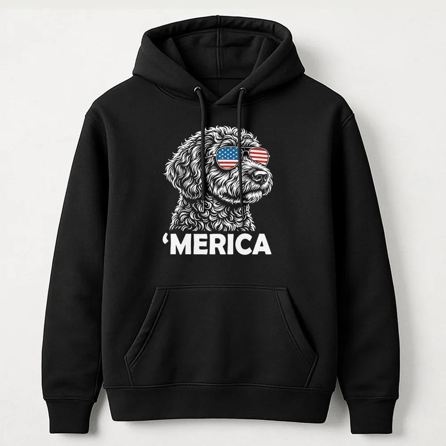 Merica Poodle Hoodie | Dog with American Flag Sunglasses | Cozy Unisex Pullover | Funny 4th of July Gift for Dog Lover